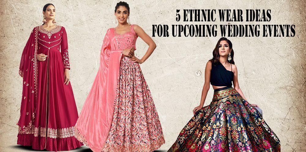 Three women wearing colorful Indian ethnic wear outfits, ideal for weddings, on neutral background