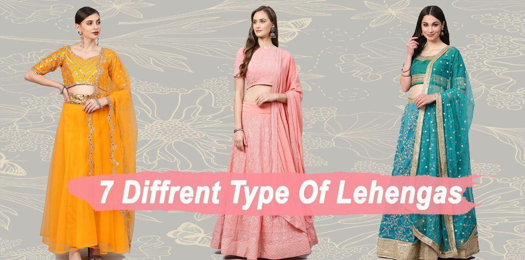Three women wearing designer lehenga choli outfits in orange, pink, and teal, Ethnic Plus