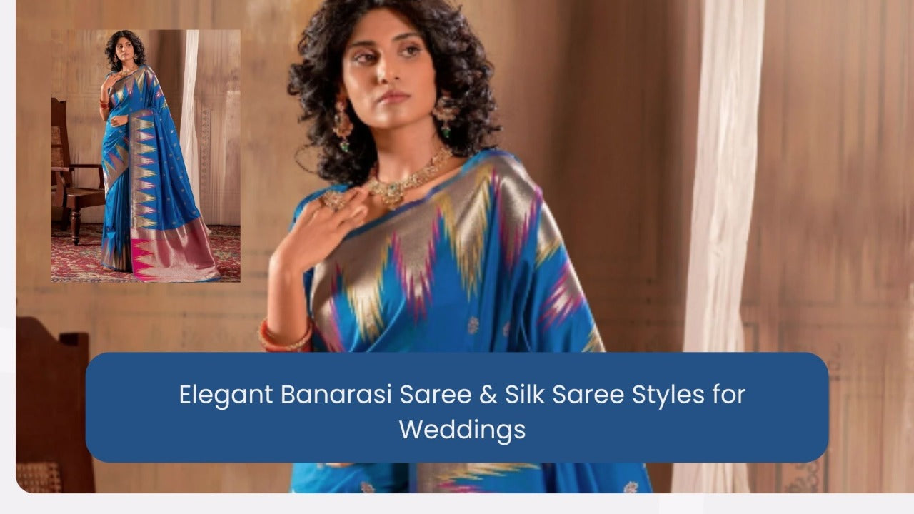 Woman in blue Banarasi silk saree with gold zari work, ideal for Indian weddings