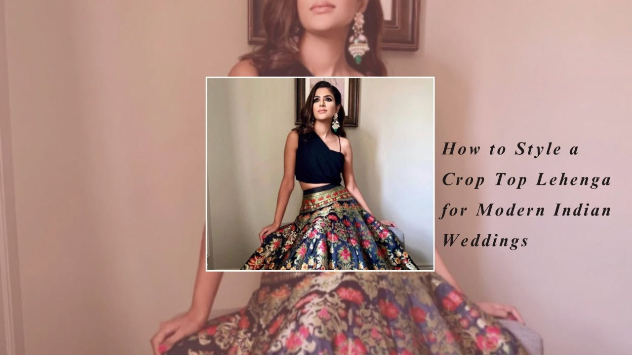 Woman in black crop top and floral lehenga, modern Indian wedding outfit inspiration