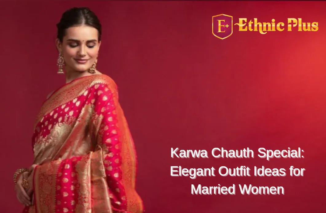 Woman in elegant red and gold saree with traditional jewelry, festive Karwa Chauth outfit idea