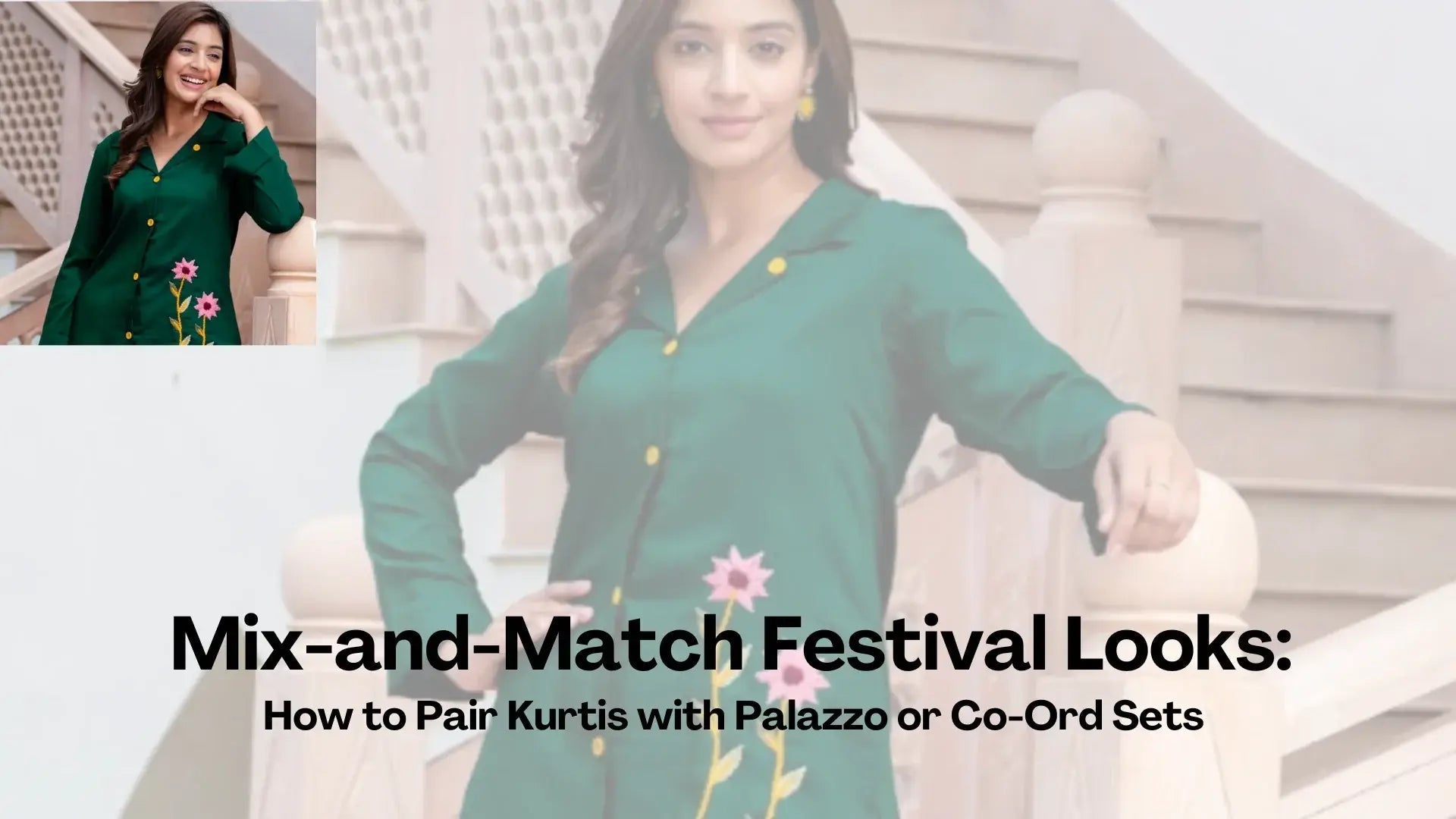 Woman in green kurti with yellow buttons and floral embroidery, styled for festival fashion