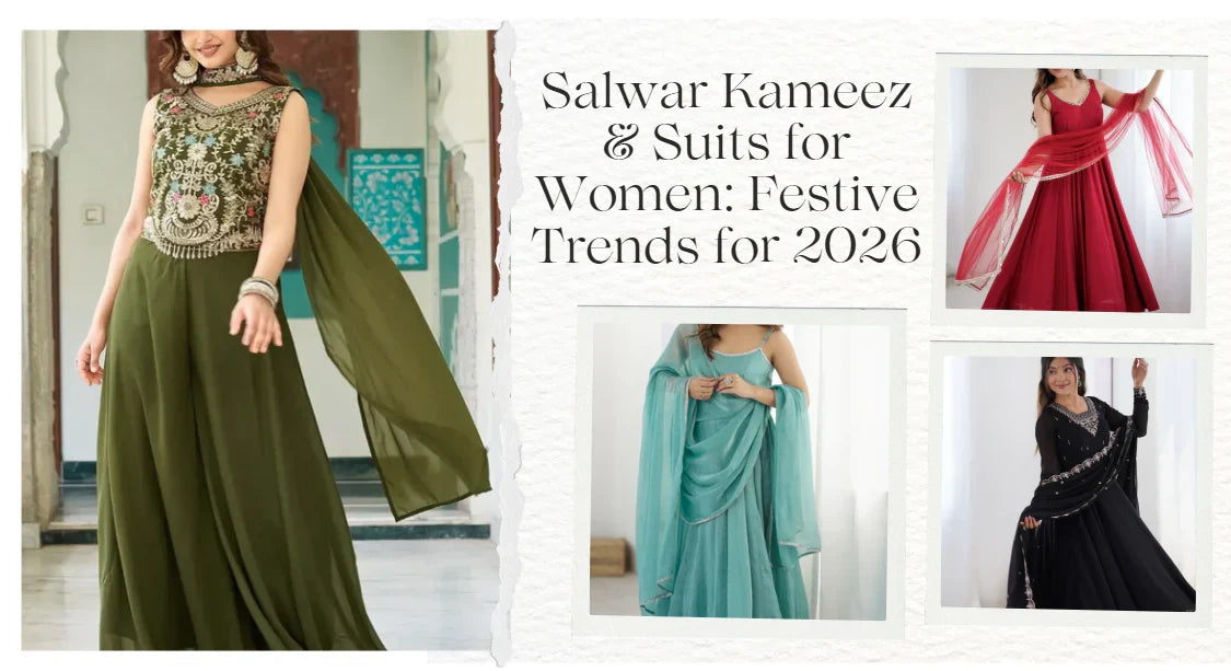 Women wearing stylish salwar kameez suits in green, red, blue, and black for festive 2026 trends