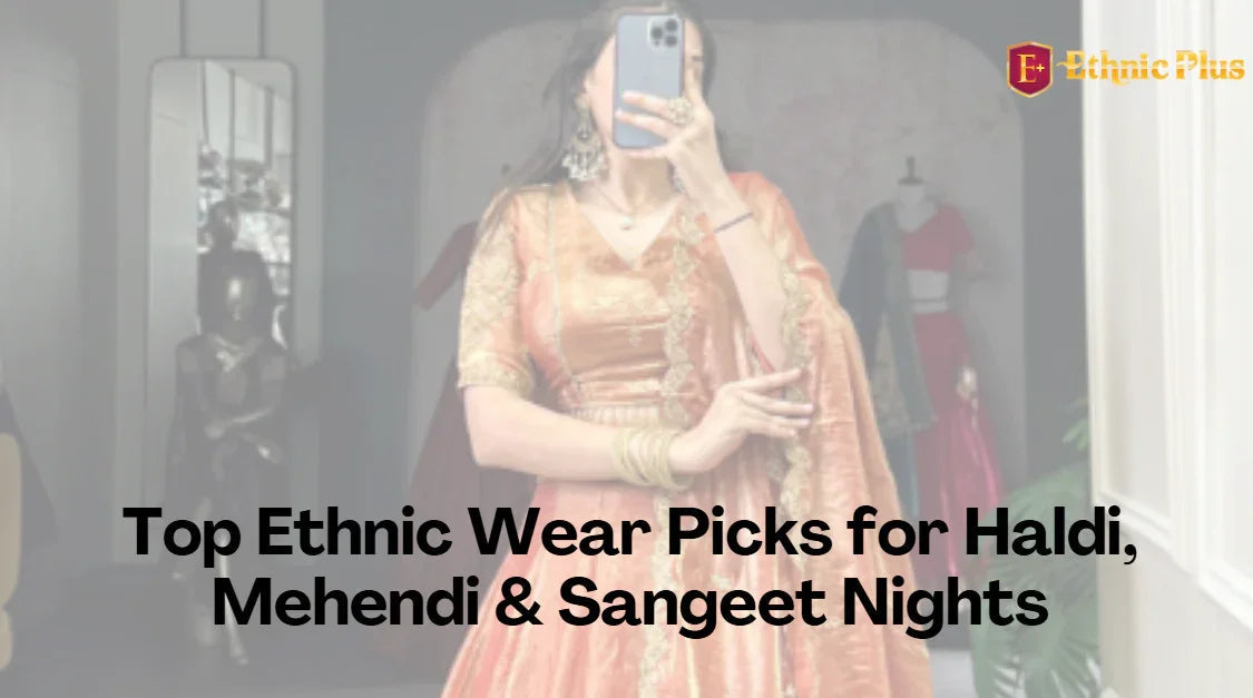 Woman in golden traditional lehenga taking mirror selfie, ideal for Haldi, Mehendi, Sangeet events