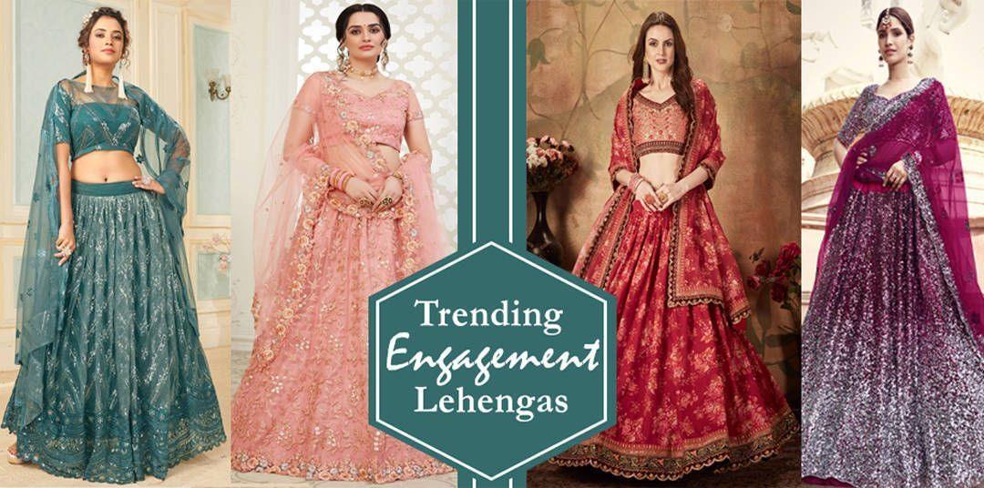 Modern women modeling colorful designer lehengas for engagement, Ethnic Plus fashion