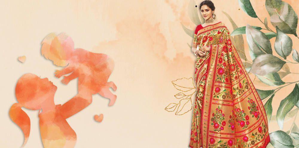 Woman in traditional floral saree beside Mother's Day illustration, Indian ethnic wear