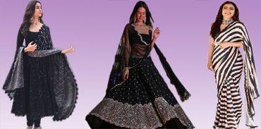Women in stylish black ethnic wear, including designer lehenga, gown, and saree, on purple background.
