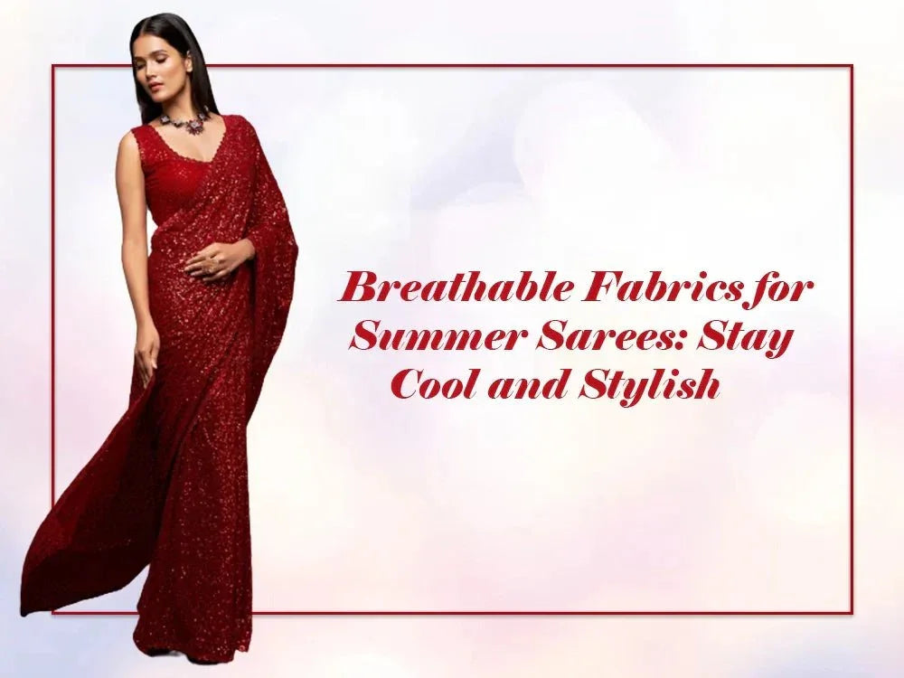 Woman in a red summer saree with necklace, promoting breathable saree fabrics for summer.