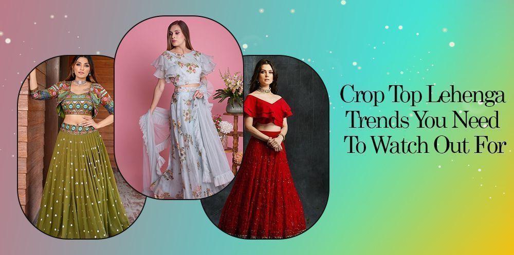 Three women in trendy crop top lehenga choli sets, featuring designer Indian ethnic wear from Ethnic Plus.