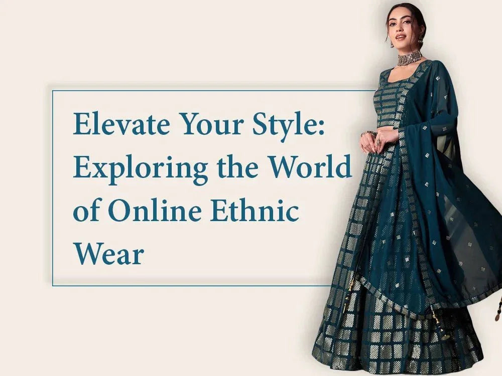 Woman in dark green ethnic lehenga choli with matching dupatta, online ethnic wear