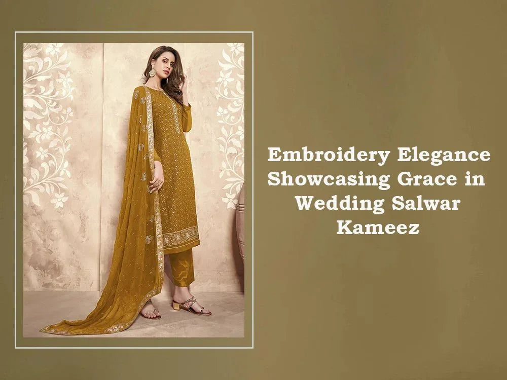 Woman modeling embroidered mustard wedding salwar kameez with dupatta, Ethnic Plus style