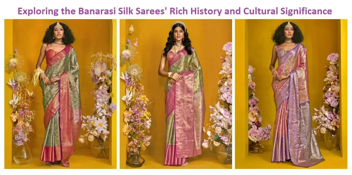 Women modeling vibrant Banarasi silk sarees with floral decor, Indian ethnic wear from Ethnic Plus