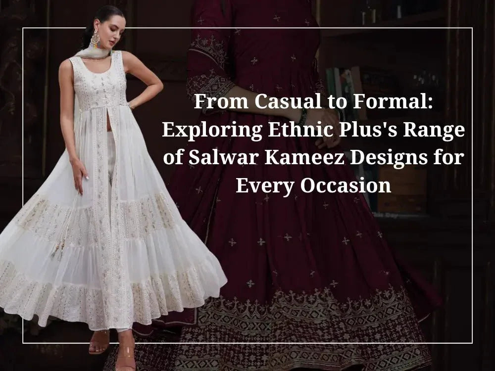 Woman wearing white embroidered salwar kameez, showcasing ethnic Indian formal wear fashion.