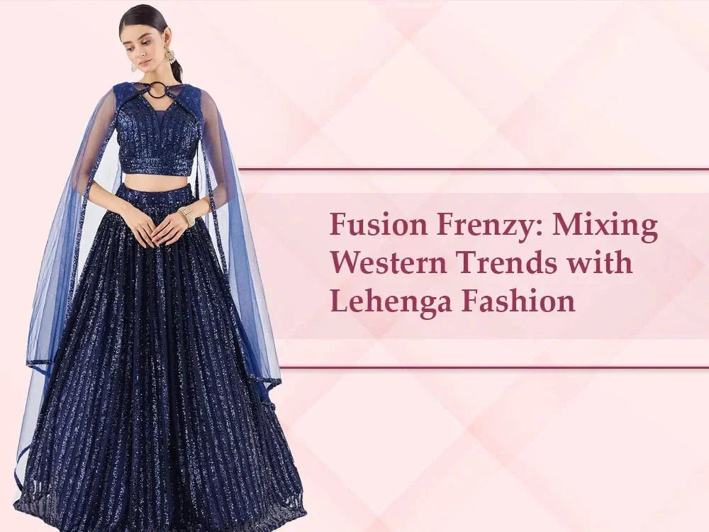 Woman in navy blue sequin lehenga with Western-inspired cape, fusion ethnic fashion style
