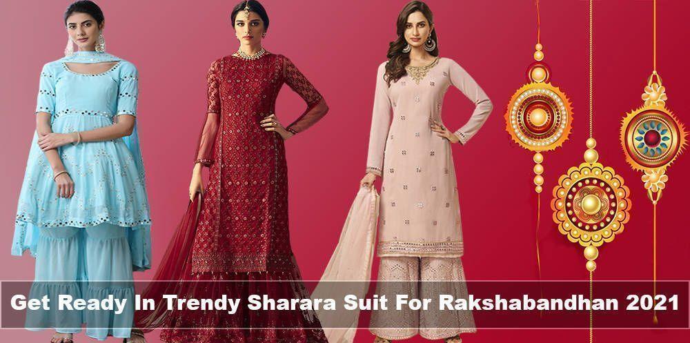 Women wearing trendy sharara suits in pastel blue, deep red, and beige for Rakshabandhan celebration, with decorative rakhis on red background.