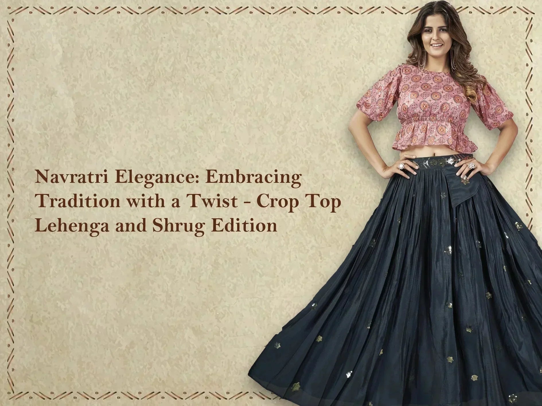 Woman wearing stylish pink crop top and black lehenga, festive ethnic wear, beige background