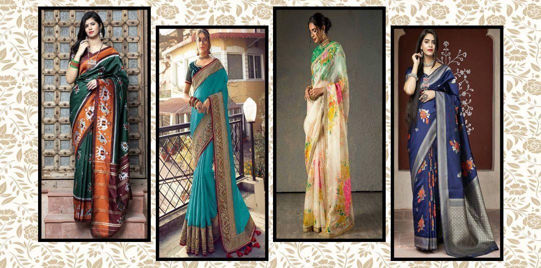 Four women modeling colorful traditional Indian sarees with floral and geometric patterns