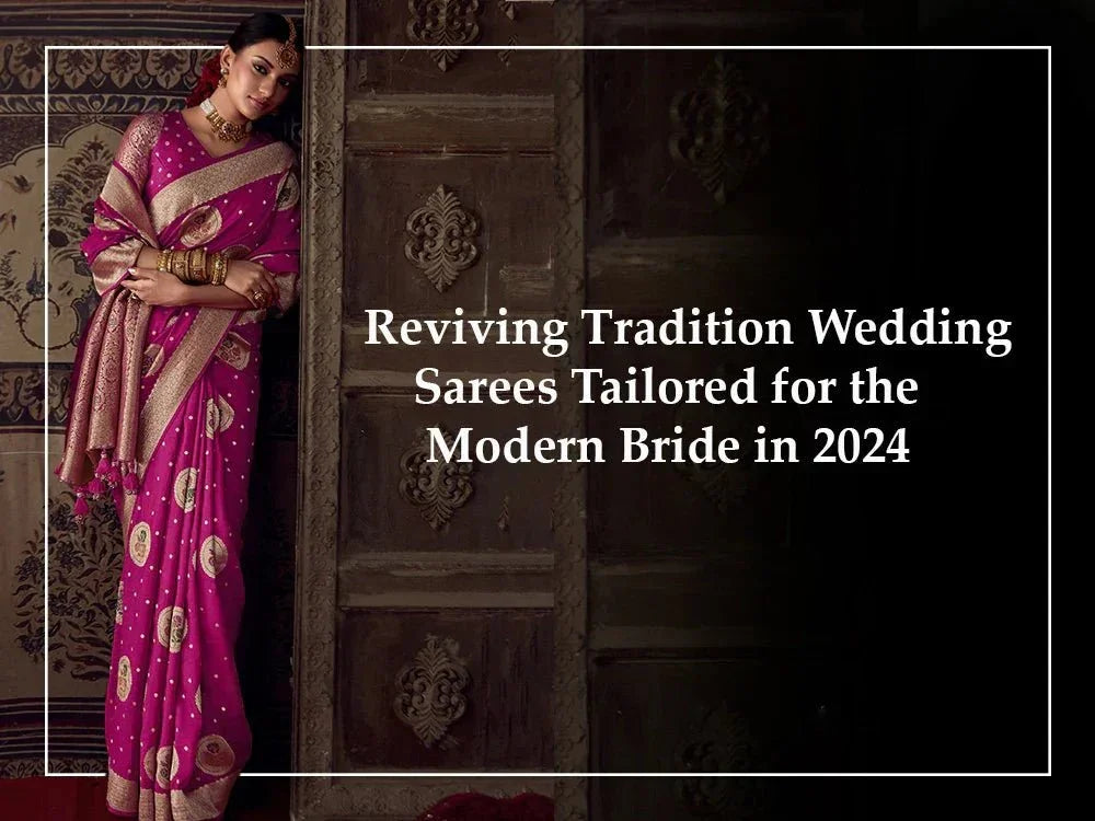 Modern bride in pink designer wedding saree with gold details, Ethnic Plus collection 2024