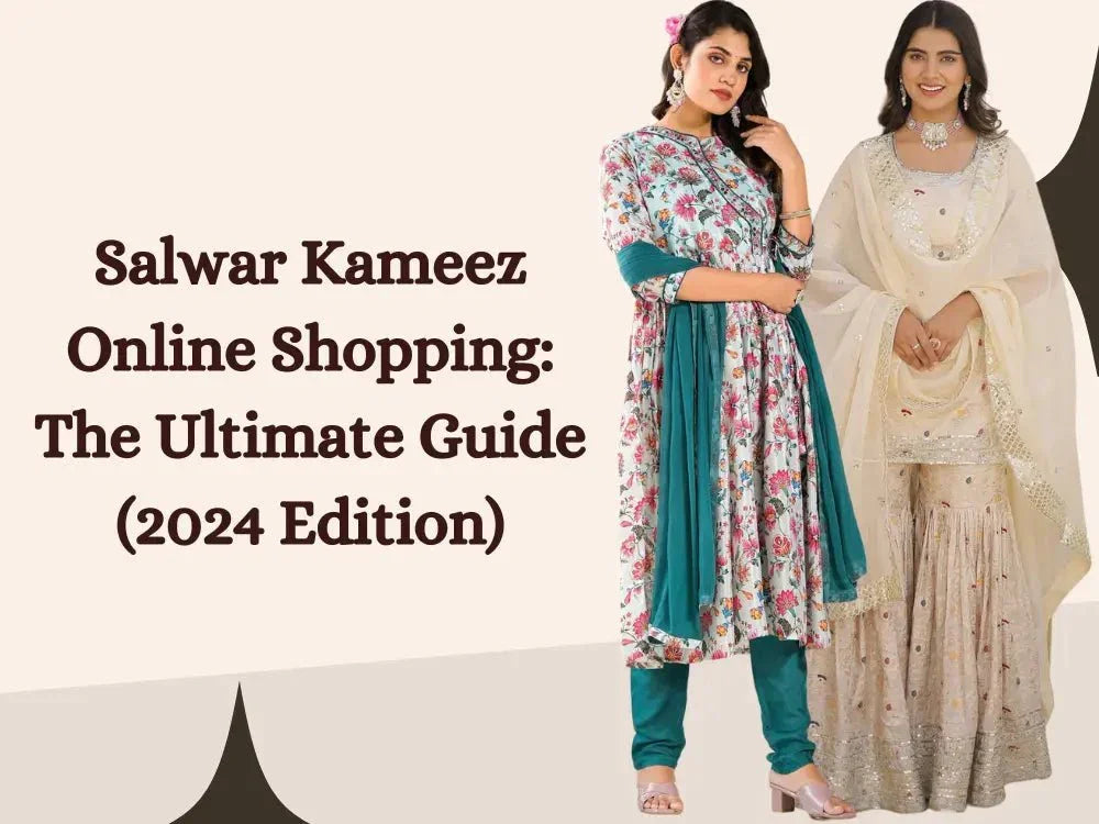Women modeling stylish salwar kameez outfits, floral and beige designs, 2024 fashion guide