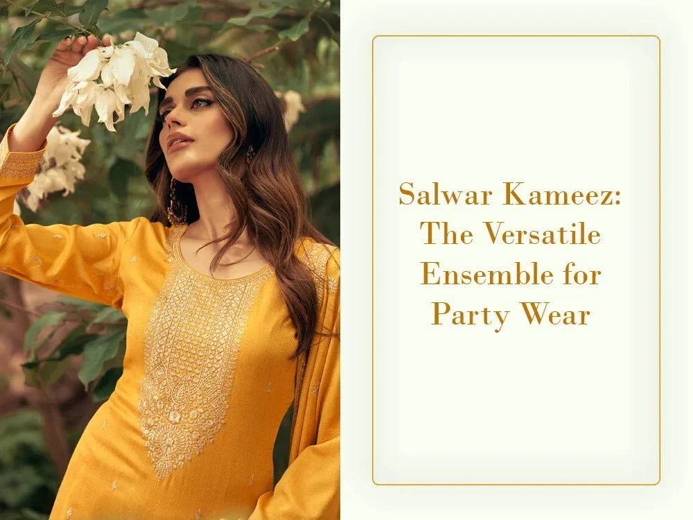 Woman in a yellow designer salwar kameez by Ethnic Plus, posing outdoors for party wear.