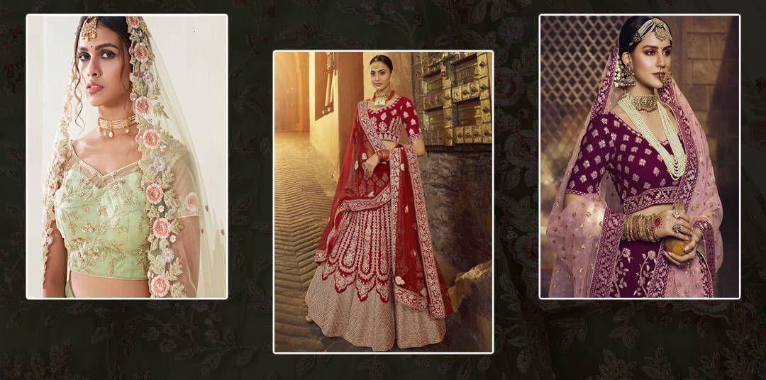 Stylish bridal lehengas in pastel green, red, and purple, featuring intricate embroidery, from Ethnic Plus.