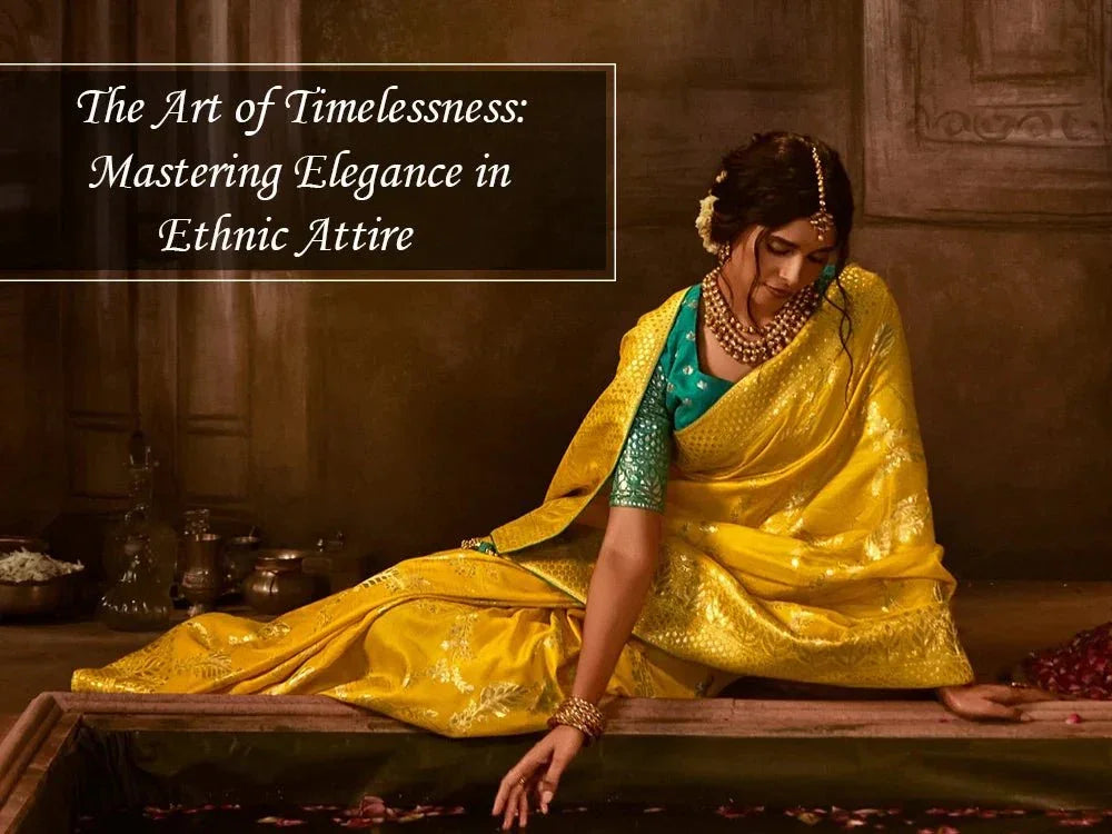 Woman in traditional Indian yellow saree with jewelry, showcasing ethnic elegance indoors