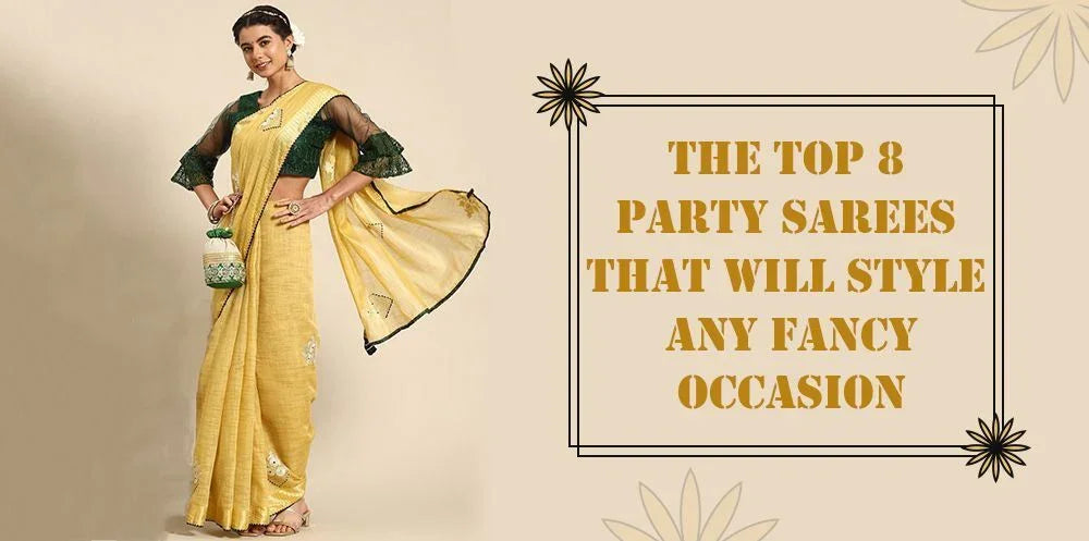 Woman in a yellow party saree with green blouse, Ethnic Plus fancy sarees collection promo