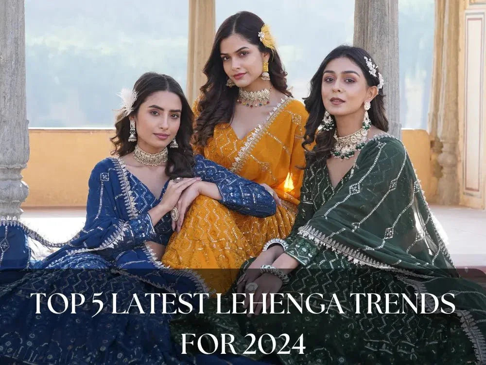 Three women in designer lehenga choli outfits posing outdoors for Ethnic Plus 2024 trends