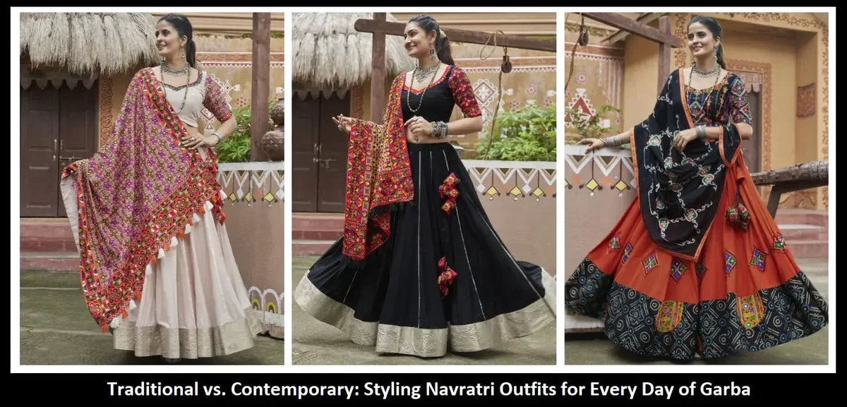 Women modeling traditional and contemporary Navratri lehenga choli outfits from Ethnic Plus