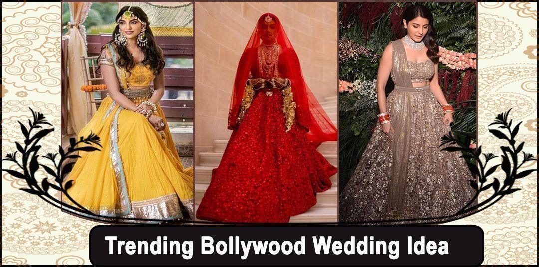 Bollywood-inspired wedding lehenga choli styles for brides in yellow, red, and gold from Ethnic Plus
