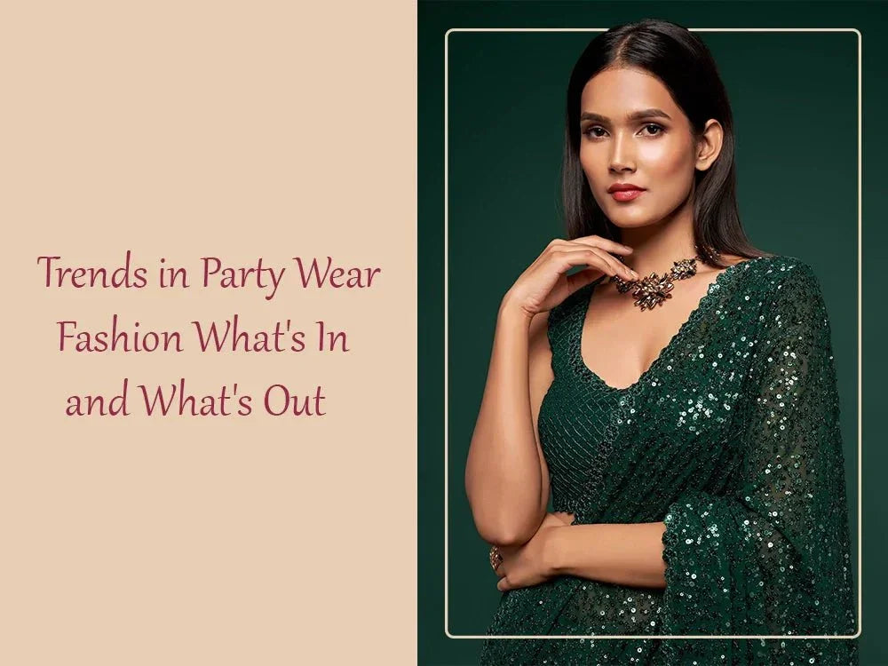 Woman in green sequin saree, modern party wear fashion, trending ethnic outfit.