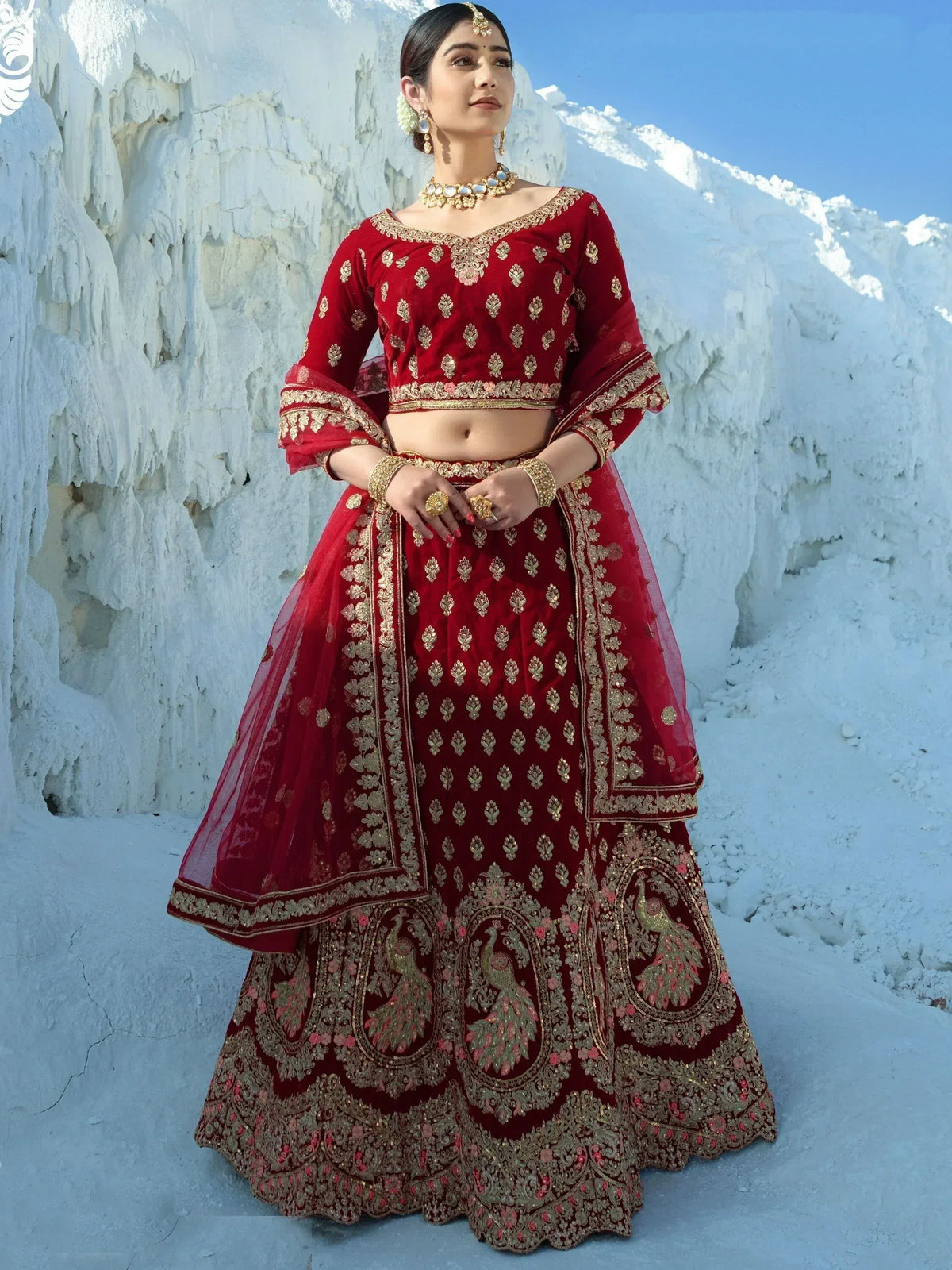 Red velvet lehenga choli with gold embroidery and peacock motifs, perfect for Indian weddings and festive occasions.