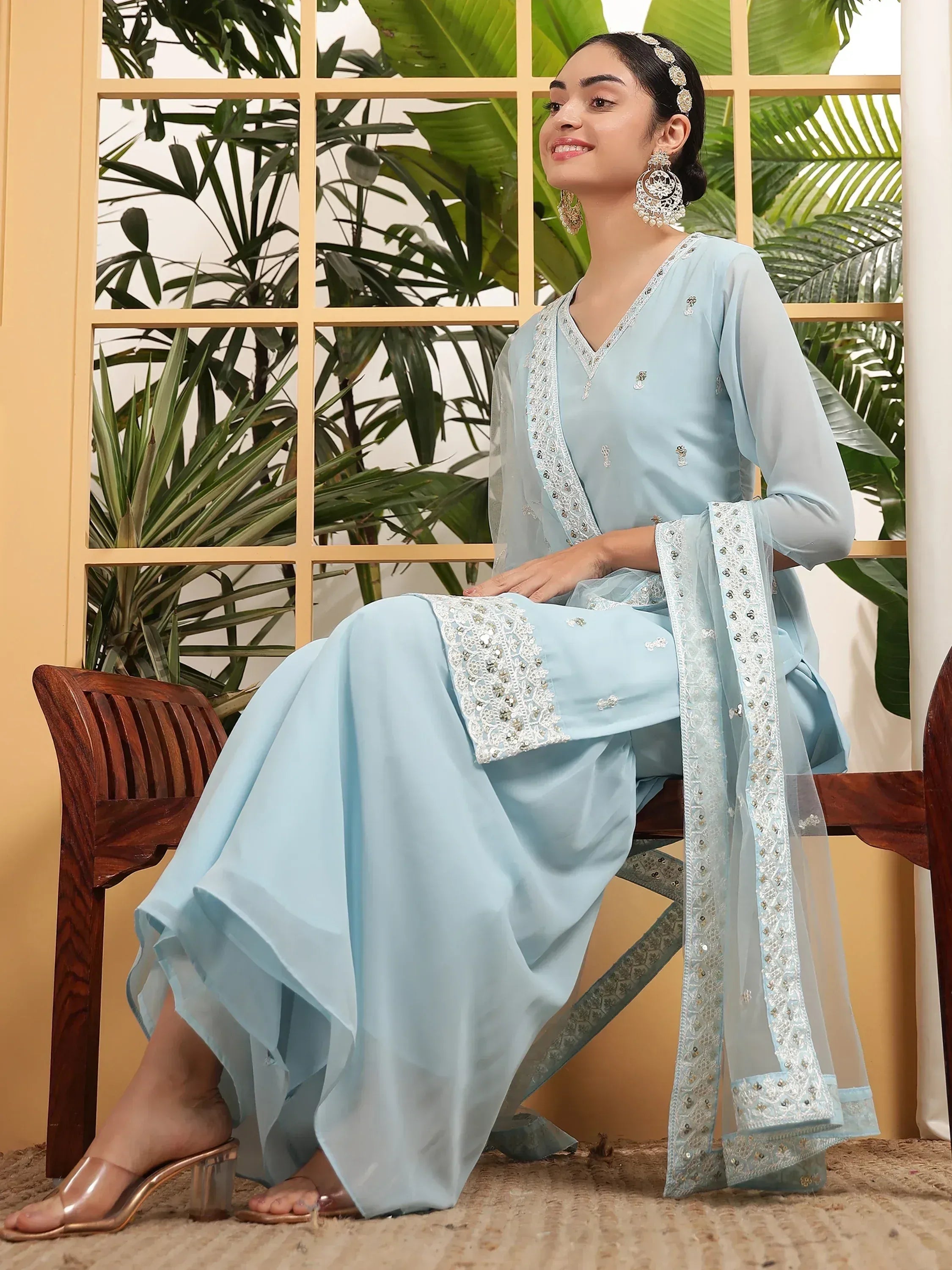 Light blue embroidered salwar kameez with dupatta, perfect for Indian ethnic wear occasions