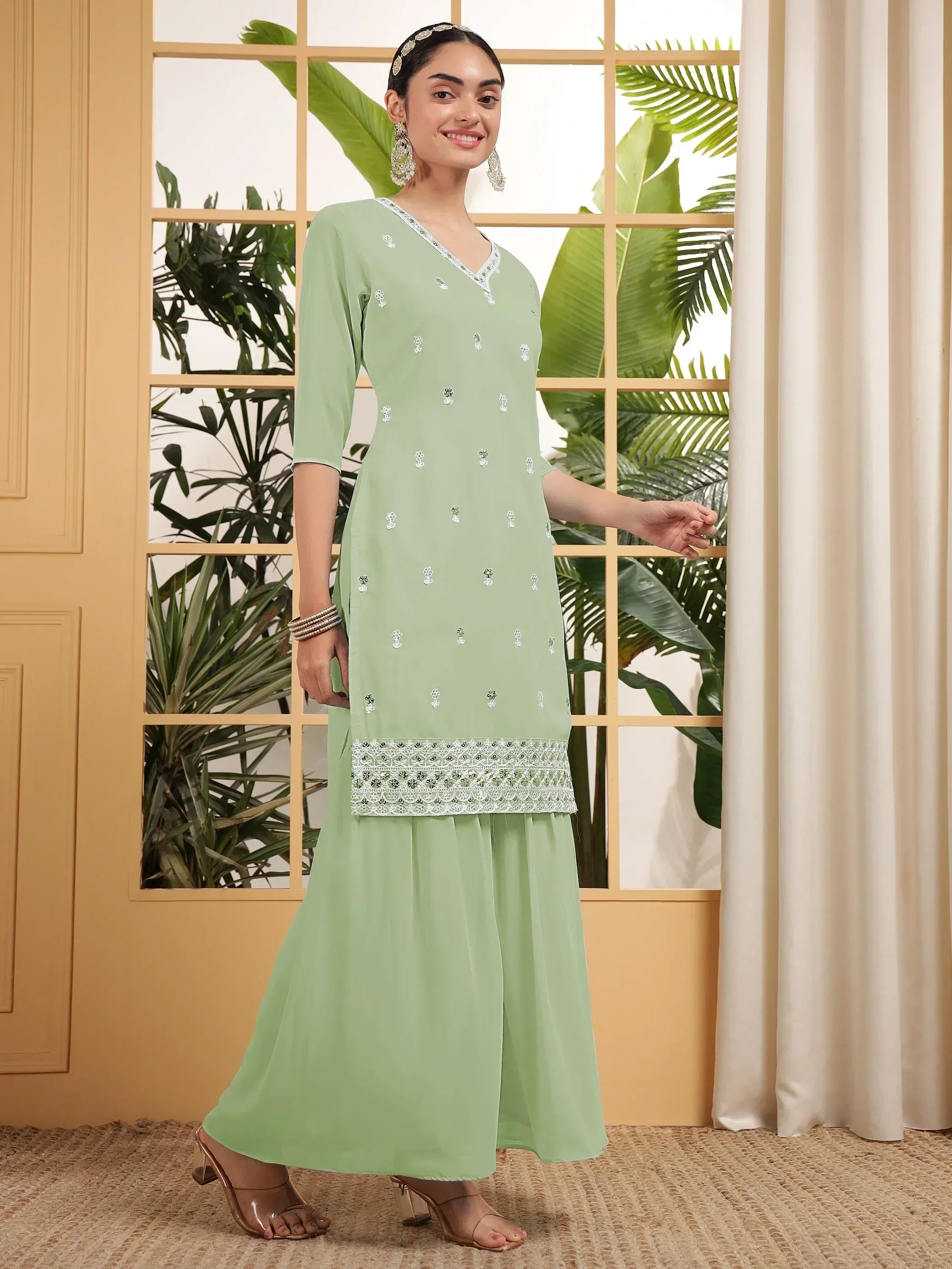 Mint green embroidered kurta with palazzo pants, Indian ethnic wear for women
