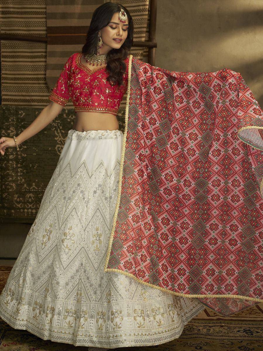 Red and white embroidered lehenga choli with geometric dupatta, Indian ethnic wear