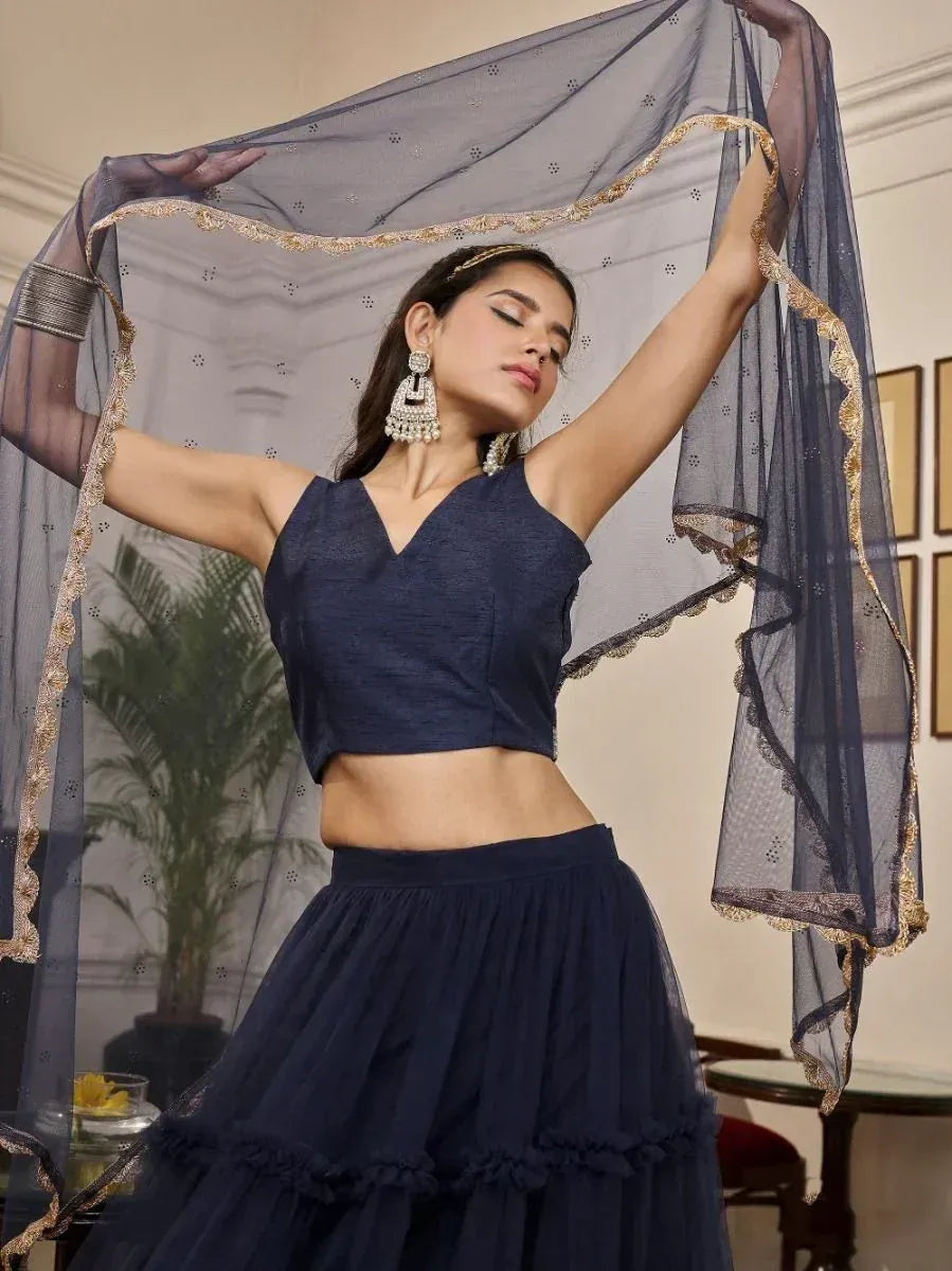 Navy blue lehenga choli with gold trim dupatta, ethnic Indian wear for women