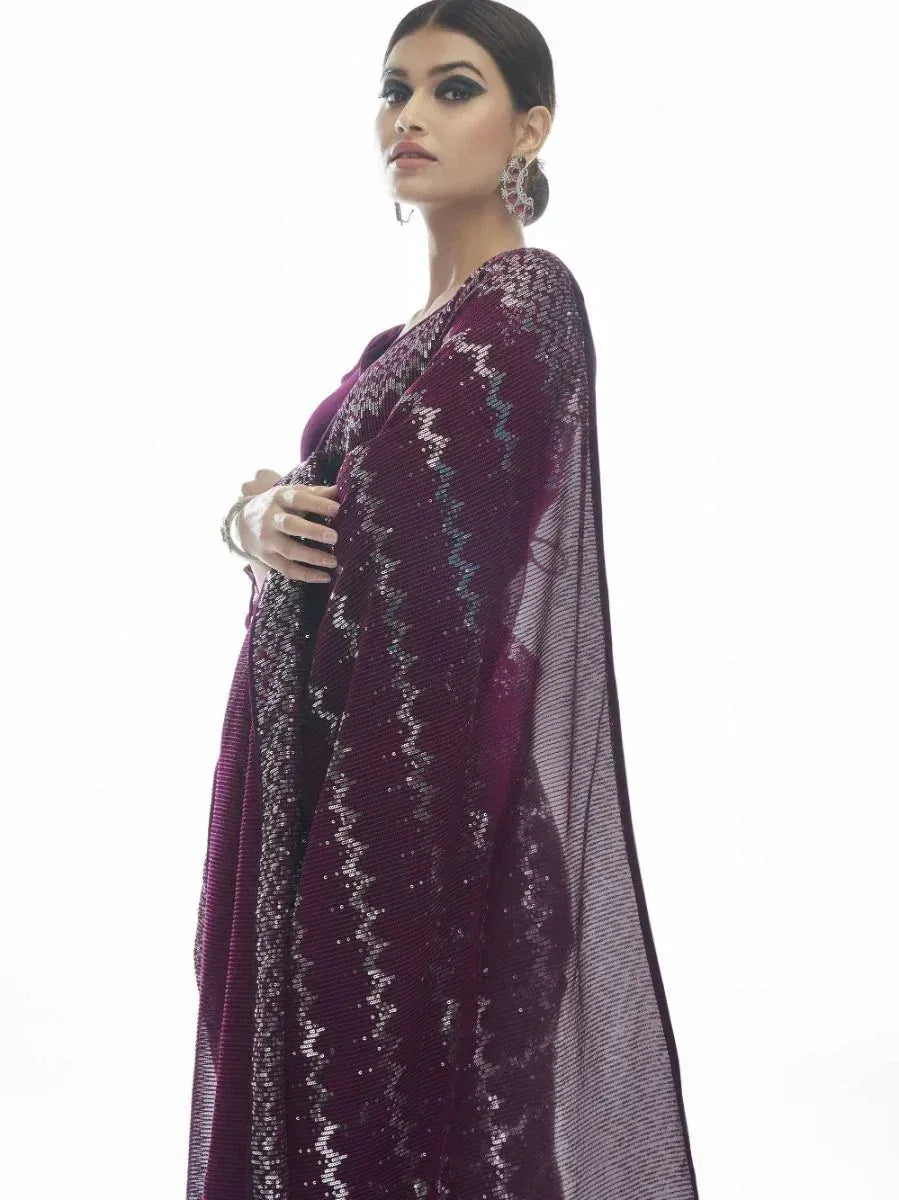 Elegant purple sequin saree with sheer dupatta, perfect for Indian ethnic occasions