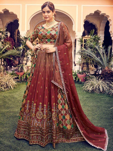 Attractive Maroon Thread Embroidered Silk Wedding Wear Lehenga Choli