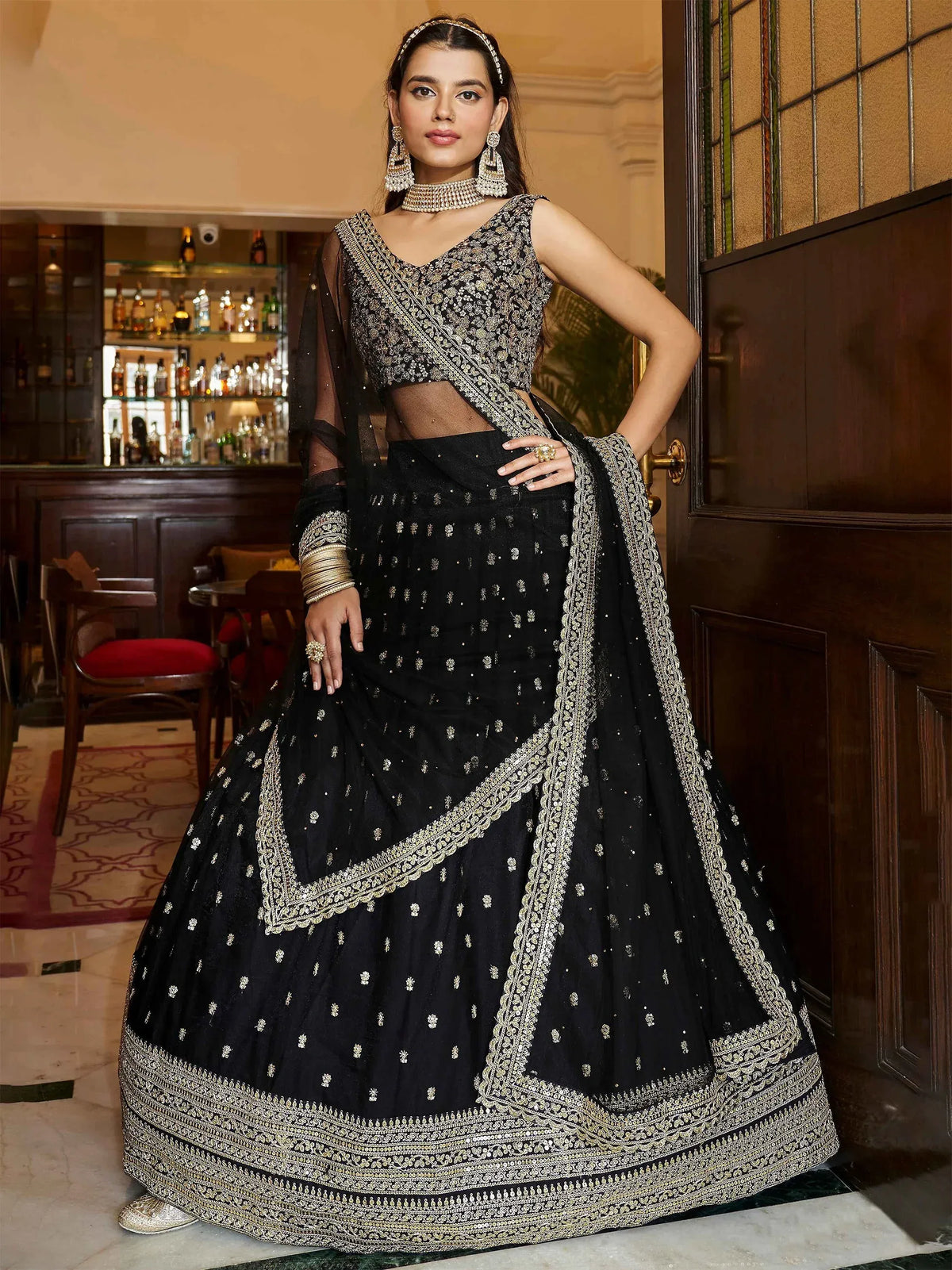 Awesome Black Embroidered Net Reception Wear Plus Size Lehenga Choli