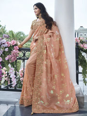 Dazzling Peach Zari Woven Organza Silk Event Wear Saree With Blouse