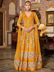 Charming Yellow Bandhani Printed Silk Haldi Wear Gown With Dupatta