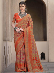 Adorable Orange Patola Printed Silk Event Wear Saree With Blouse