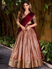 Attractive Peach Zari Embroidered Silk Festive Wear Half Saree Lehenga Choli