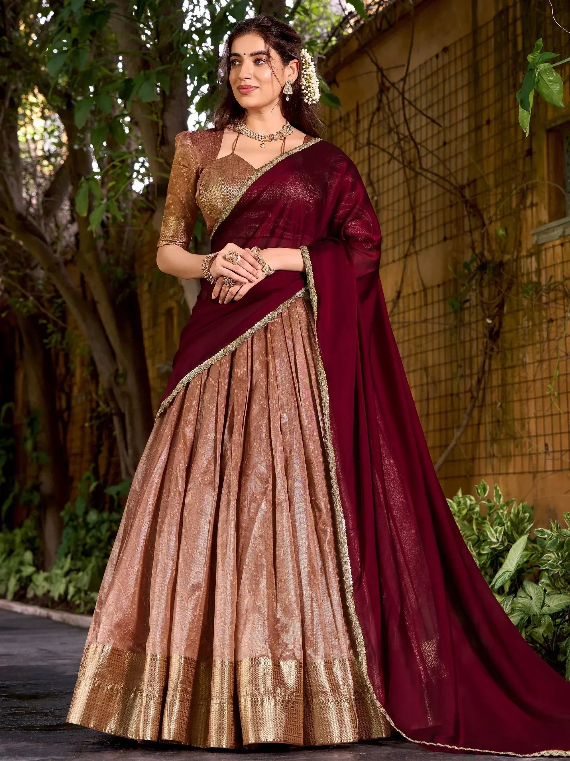 Attractive Peach Zari Embroidered Silk Festive Wear Half Saree Lehenga Choli