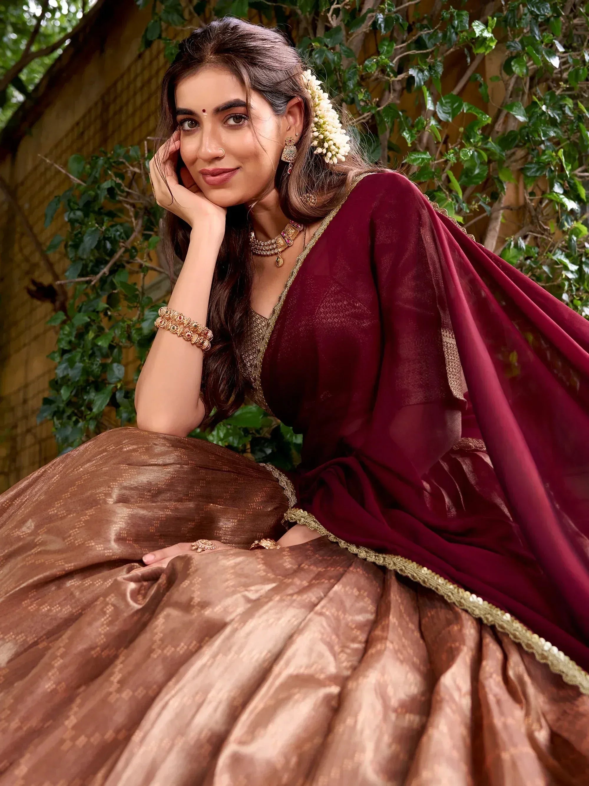 Attractive Peach Zari Embroidered Silk Festive Wear Half Saree Lehenga Choli