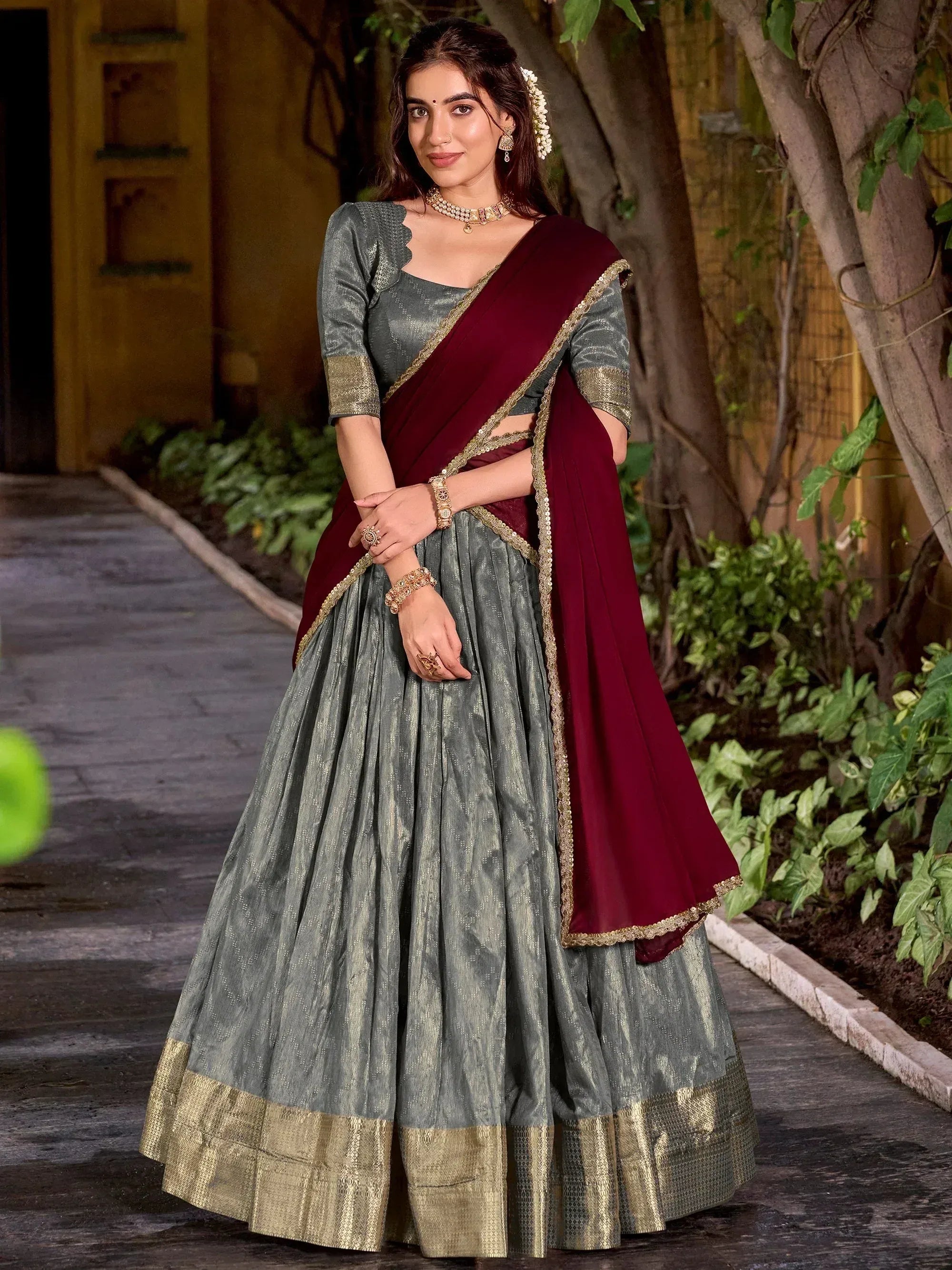 Beautiful Grey Zari Weaving Silk Wedding Wear Half Saree Lehenga Choli