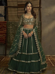 Astonishing Dark-Green Sequence Embroidered Net Lehenga Choli