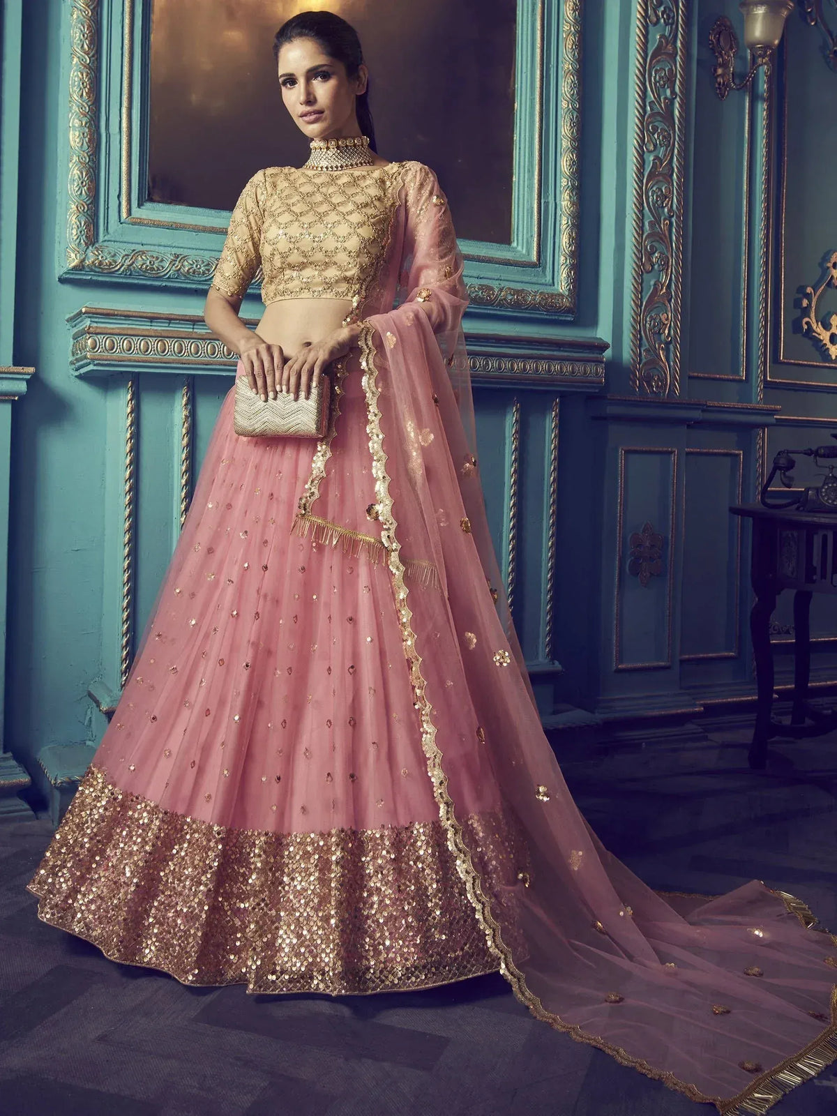 Pink and gold designer lehenga choli with sequin work, perfect for weddings and festive occasions