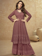 Amazing Rosy Brown Embroidered Georgette Reception Wear Sharara Suit