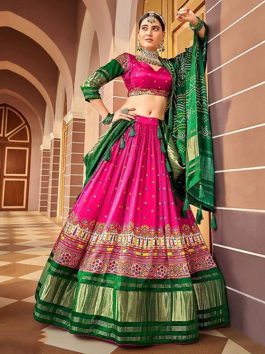 Pink and green designer lehenga choli with embroidery, perfect for Indian ethnic wear occasions